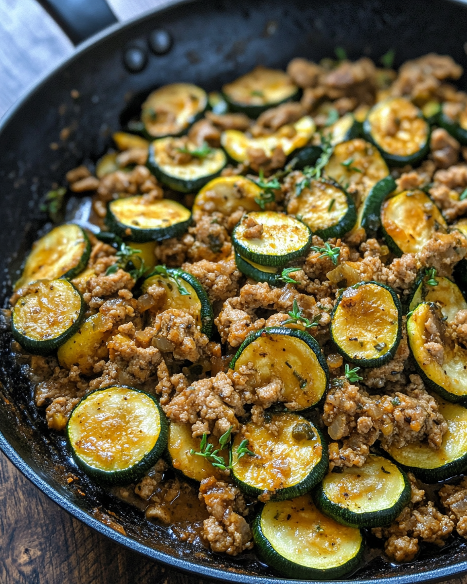 Ingredients for ground turkey and zucchini skillet laid out including soy sauce, brown sugar, ginger, and garlic