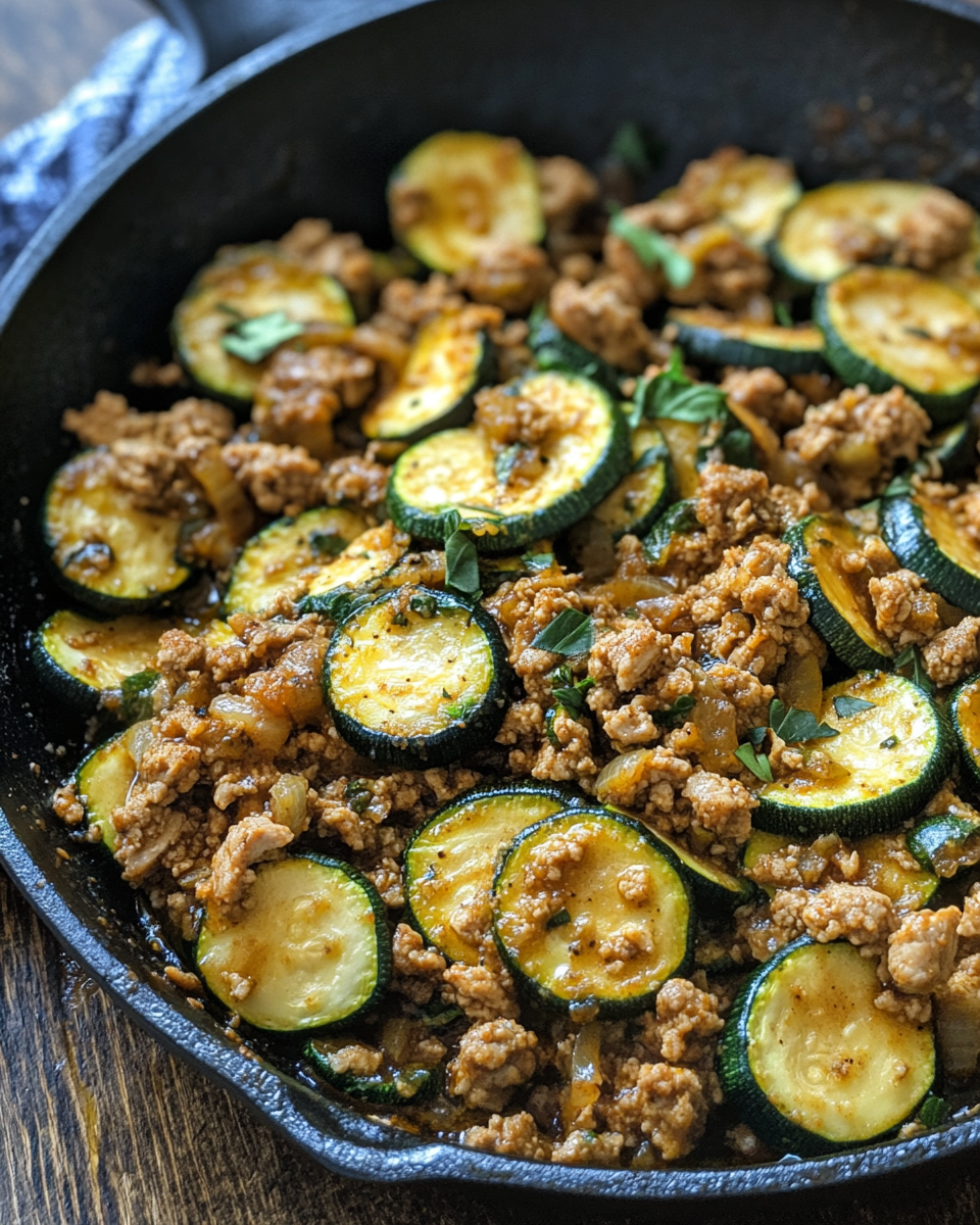 Ground turkey and zucchini sizzling in skillet near end of cooking process