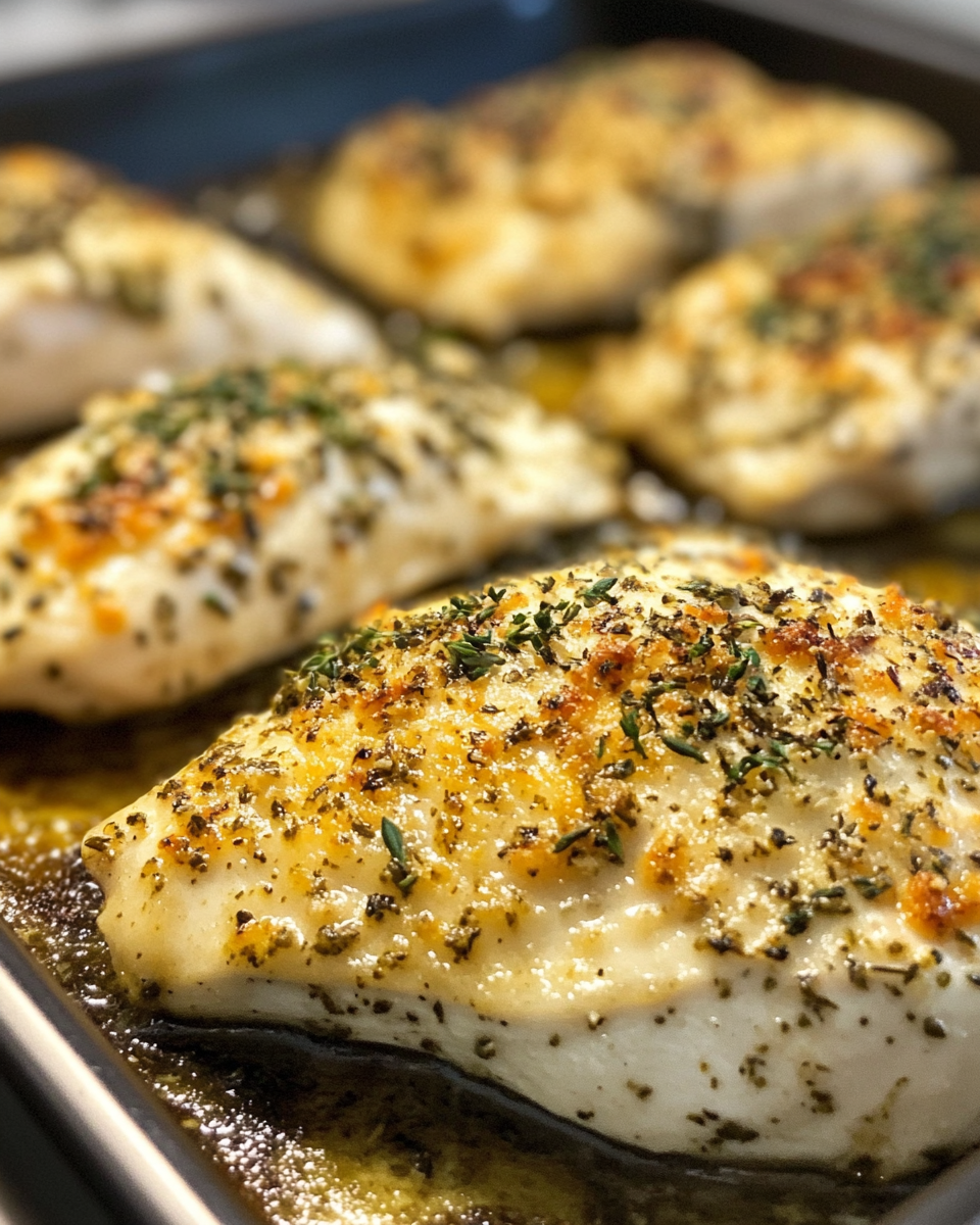 Ingredients for herb crusted baked Boursin chicken displayed with chicken breasts, herbs and cheese