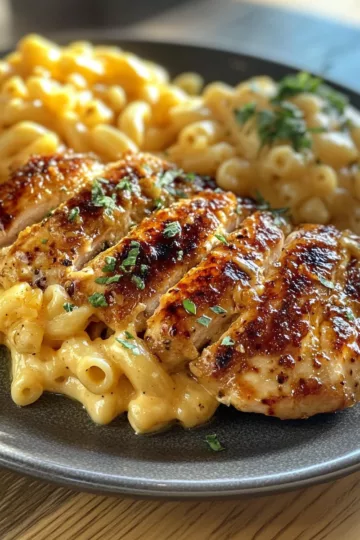 High Protein Honey Garlic Butter Chicken with Mac & Cheese taken with iphone 15 pro max --iw 2 --ar 4:5 --v 6.1 --raw