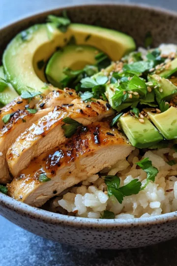 Honey Lime Chicken & Avocado Rice Stack taken with iphone 15 pro max --iw 2 --ar 4:5 --v 6.1 --raw