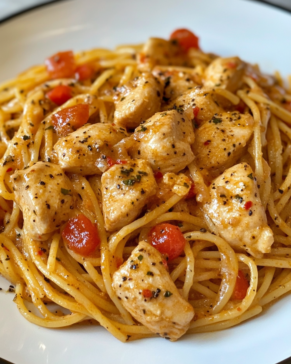 Final plated honey pepper chicken pasta with creamy sauce