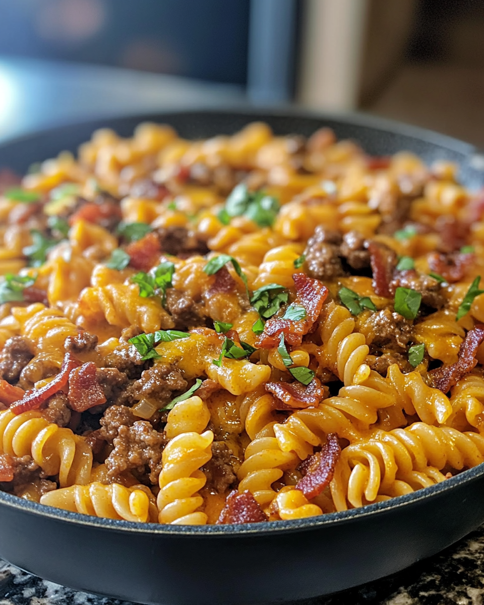 Golden baked bacon cheeseburger casserole fresh from the oven with melted cheese and crispy bacon