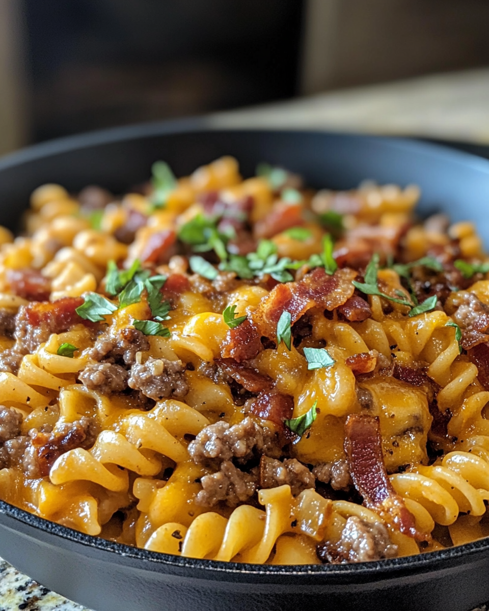 Smoky bacon and ground beef simmering in pressure cooker for bacon cheeseburger casserole