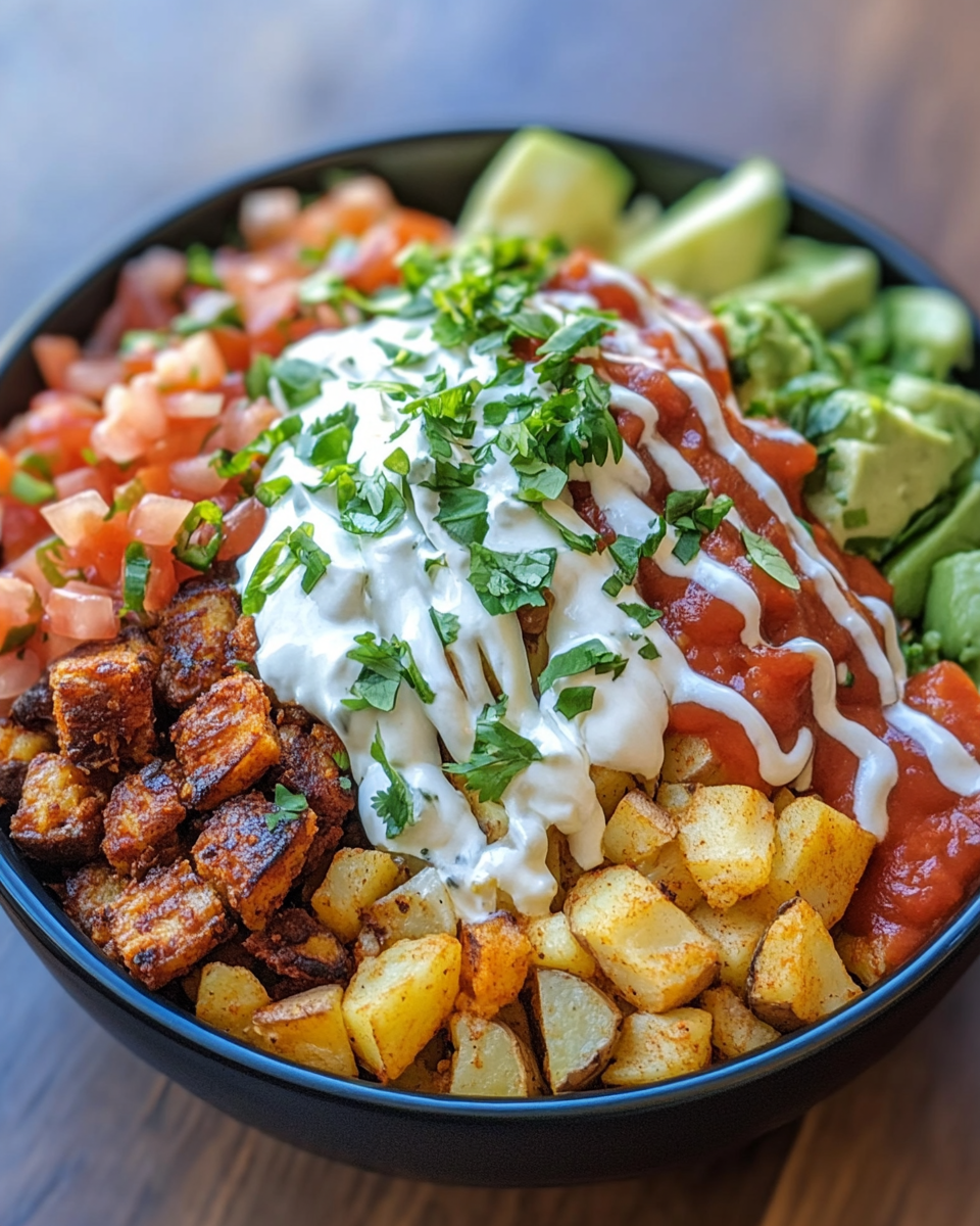 Ingredients laid out for potato taco bowl including potatoes and ground turkey