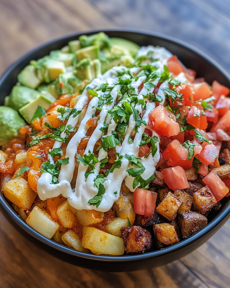 Finished potato taco bowl served with toppings ready to eat