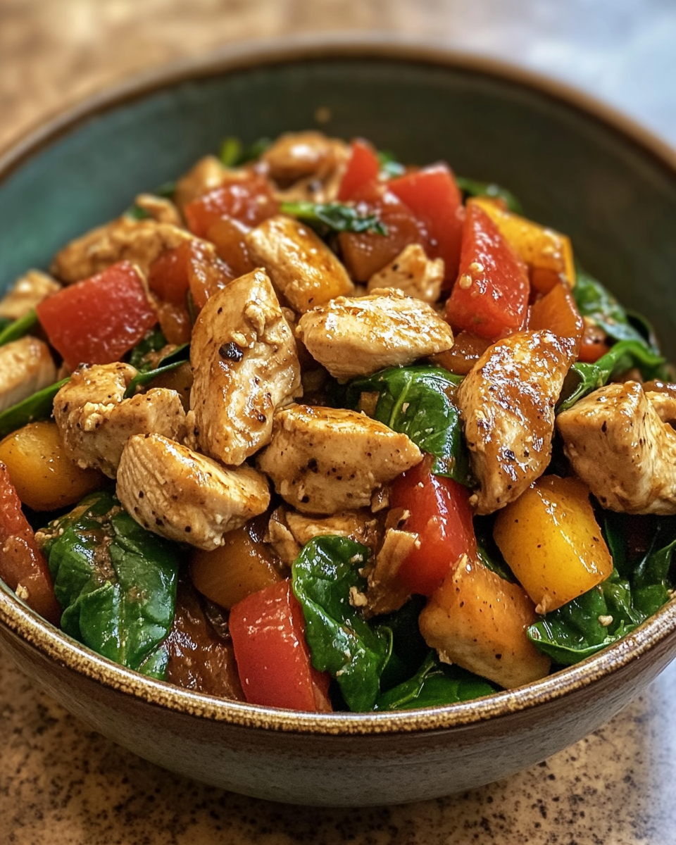 Ingredient layout featuring chicken breasts, olives, tomatoes, and spinach