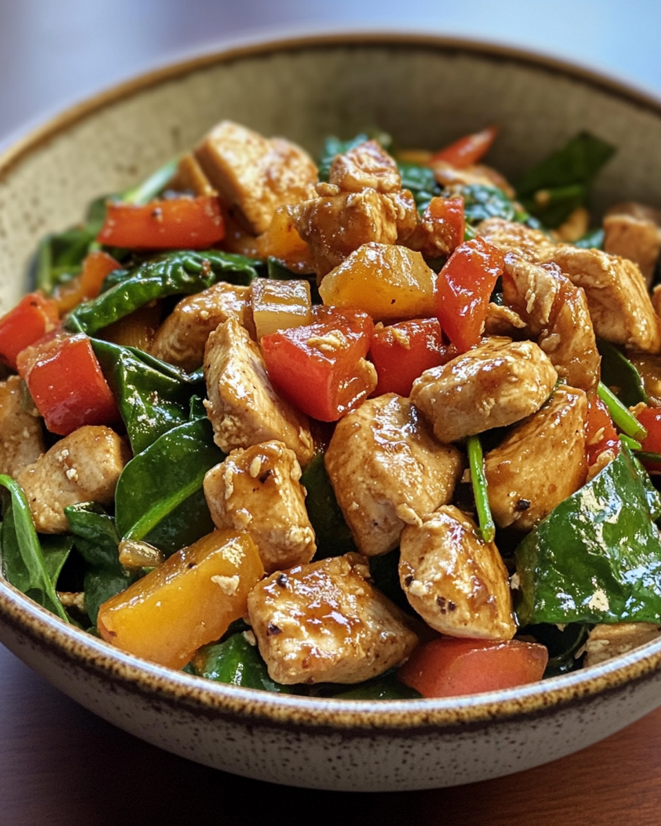 Finished Mediterranean chicken dish plated with melted feta and wilted spinach