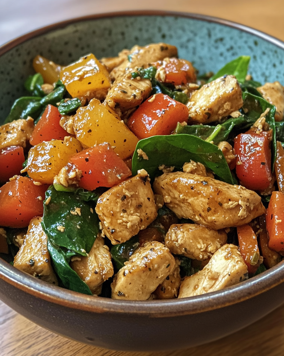 Mediterranean chicken simmering in pressure cooker with tomatoes and spinach