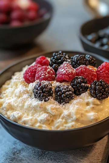 rice pudding with Berries Mix taken with iphone 15 pro max --iw 2 --ar 4:5 --v 6.1 --raw