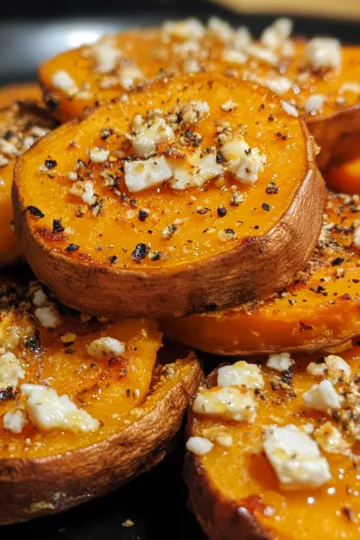 Roasted Sweet Potato Rounds with Honey & Feta taken with iphone 15 pro max --iw 2 --ar 4:5 --v 6.1 --raw