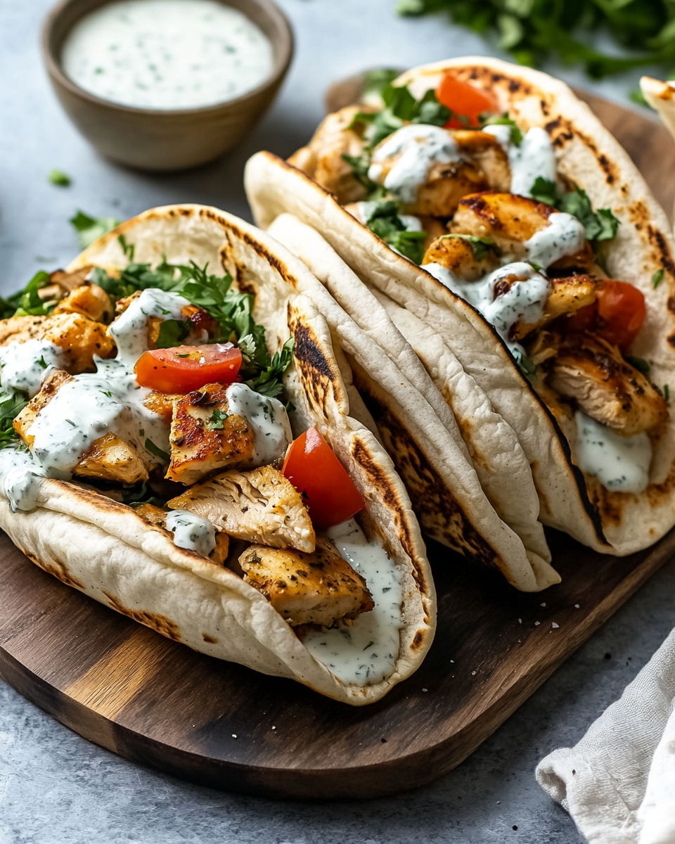Final plated sheet pan chicken pitas with herby ranch slaw and avocado cubes