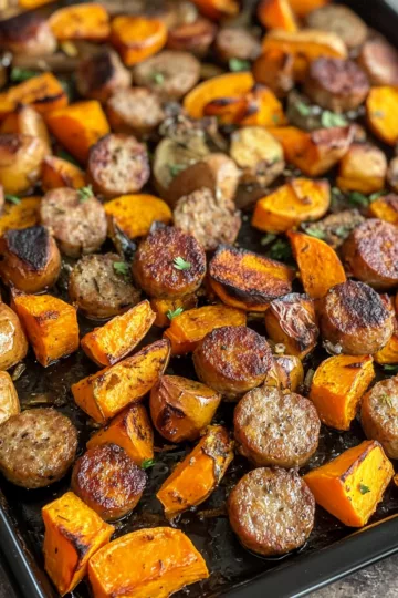 Sheet Pan Sausage & Sweet Potatoes taken with iphone 15 pro max --iw 2 --ar 4:5 --v 6.1 --raw