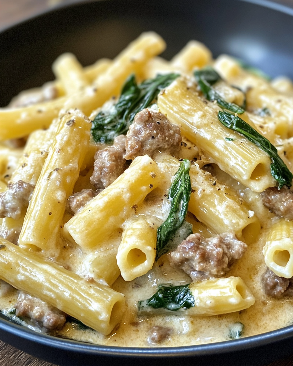 Ingredients for Tuscan sausage pasta including spices, cream, and fresh herbs