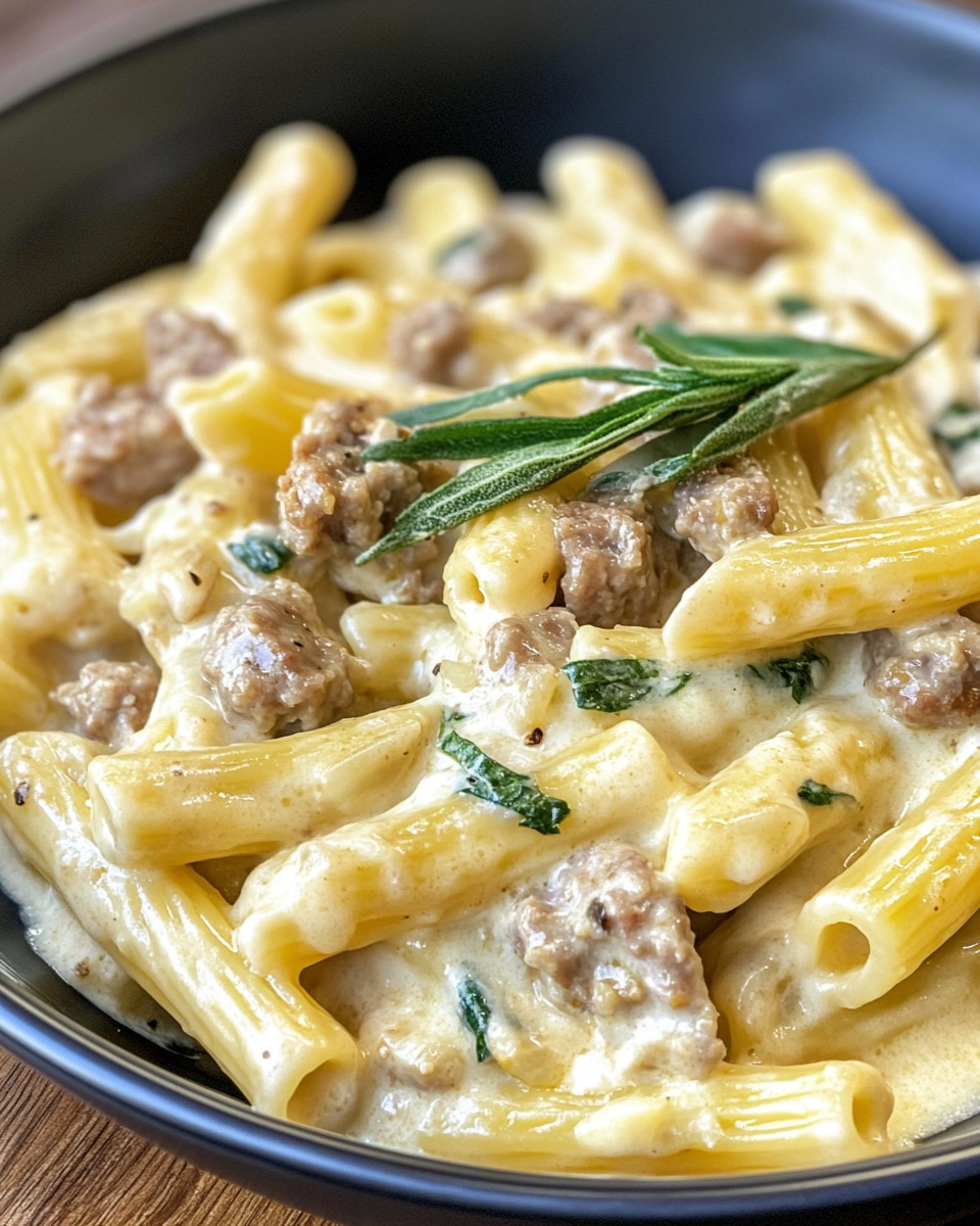 Creamy Tuscan sausage pasta simmering in sauce with spinach and sun-dried tomatoes