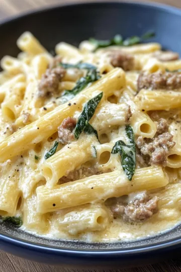 Tuscan Sausage Pasta in Creamy Sauce taken with iphone 15 pro max --iw 2 --ar 4:5 --v 6.1 --raw