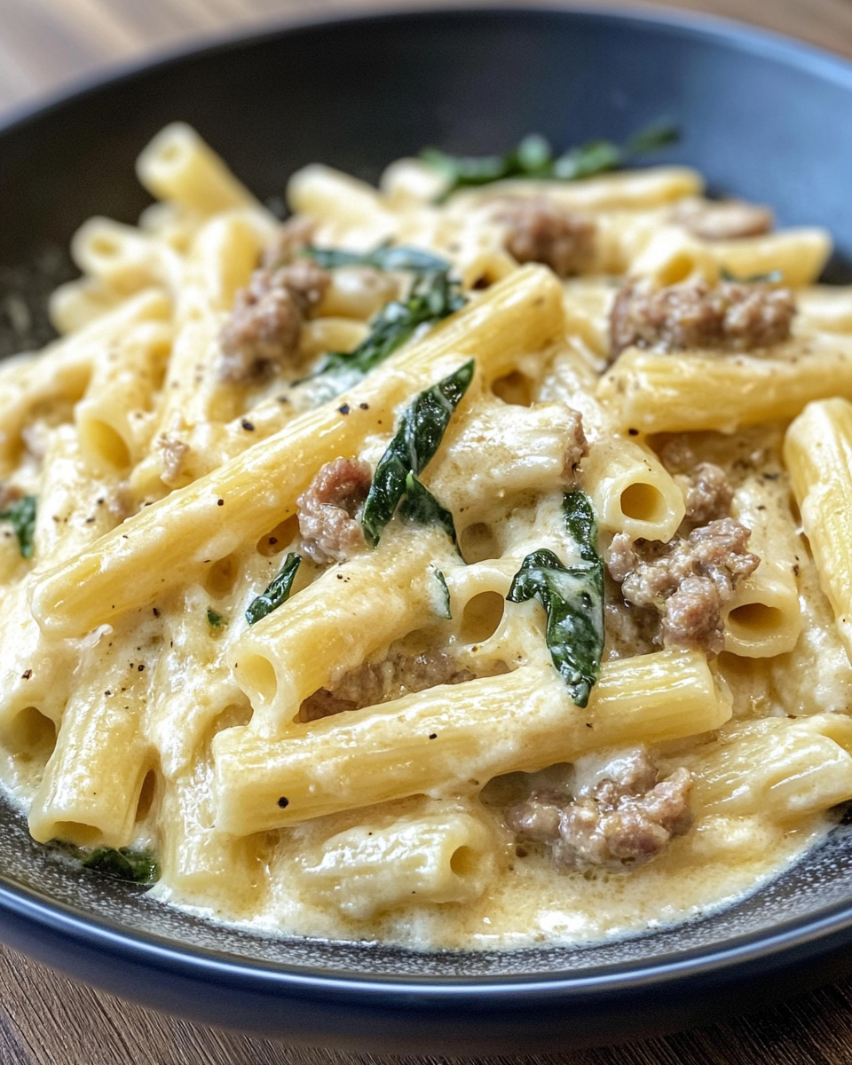 Tuscan sausage pasta bubbling with creamy sauce in pressure cooker