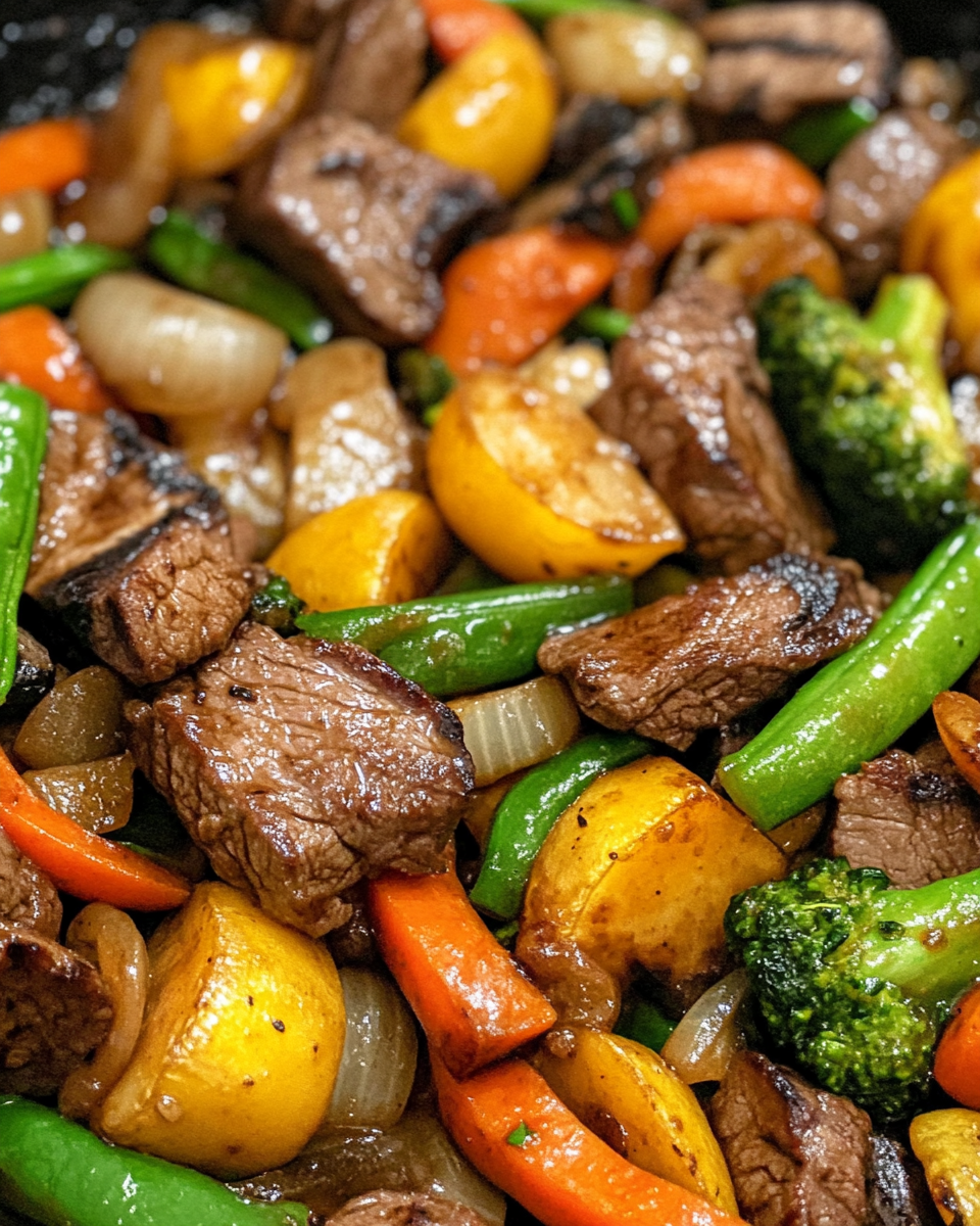 Fresh ingredients for beef stir fry including broccoli, carrots, garlic, and sauces