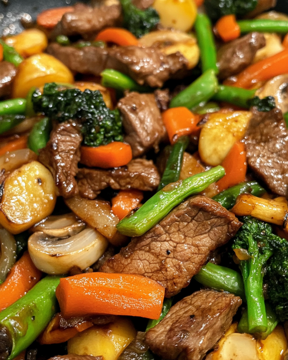 Cooking stir fried beef and veggies in hot pan