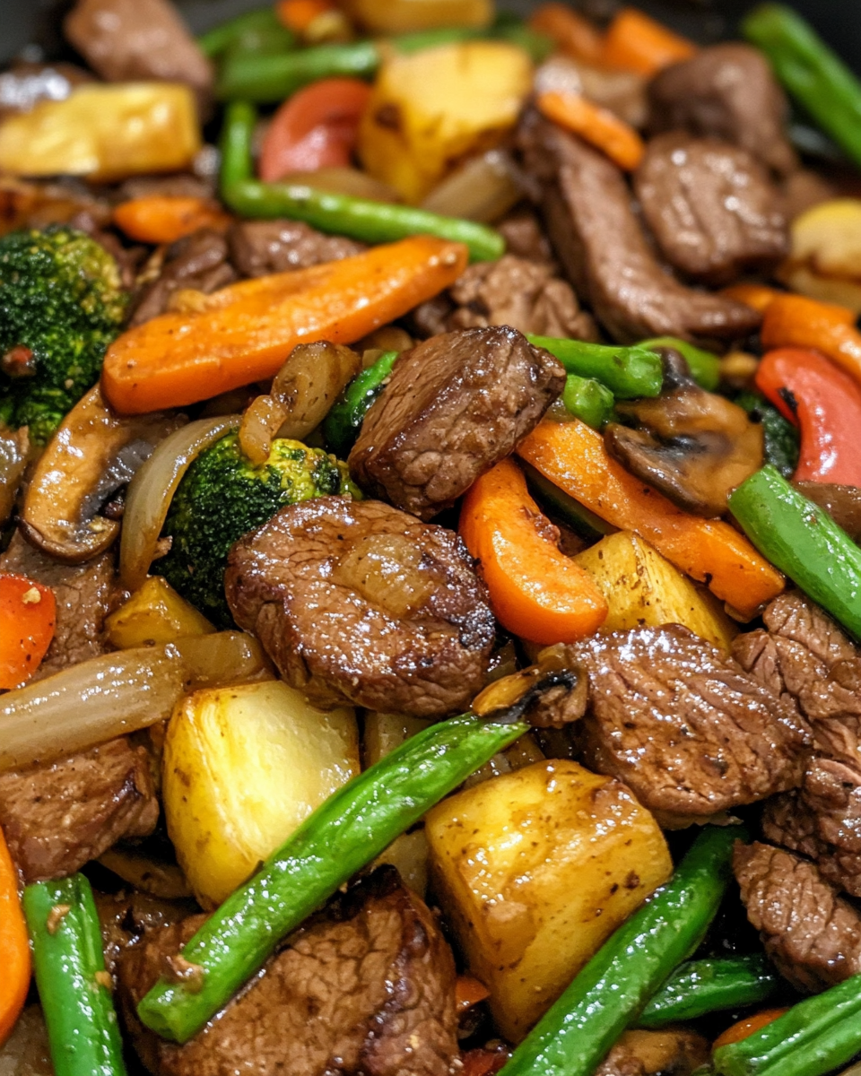 Close up of beef stir fry cooking with bright vegetables in pressure cooker