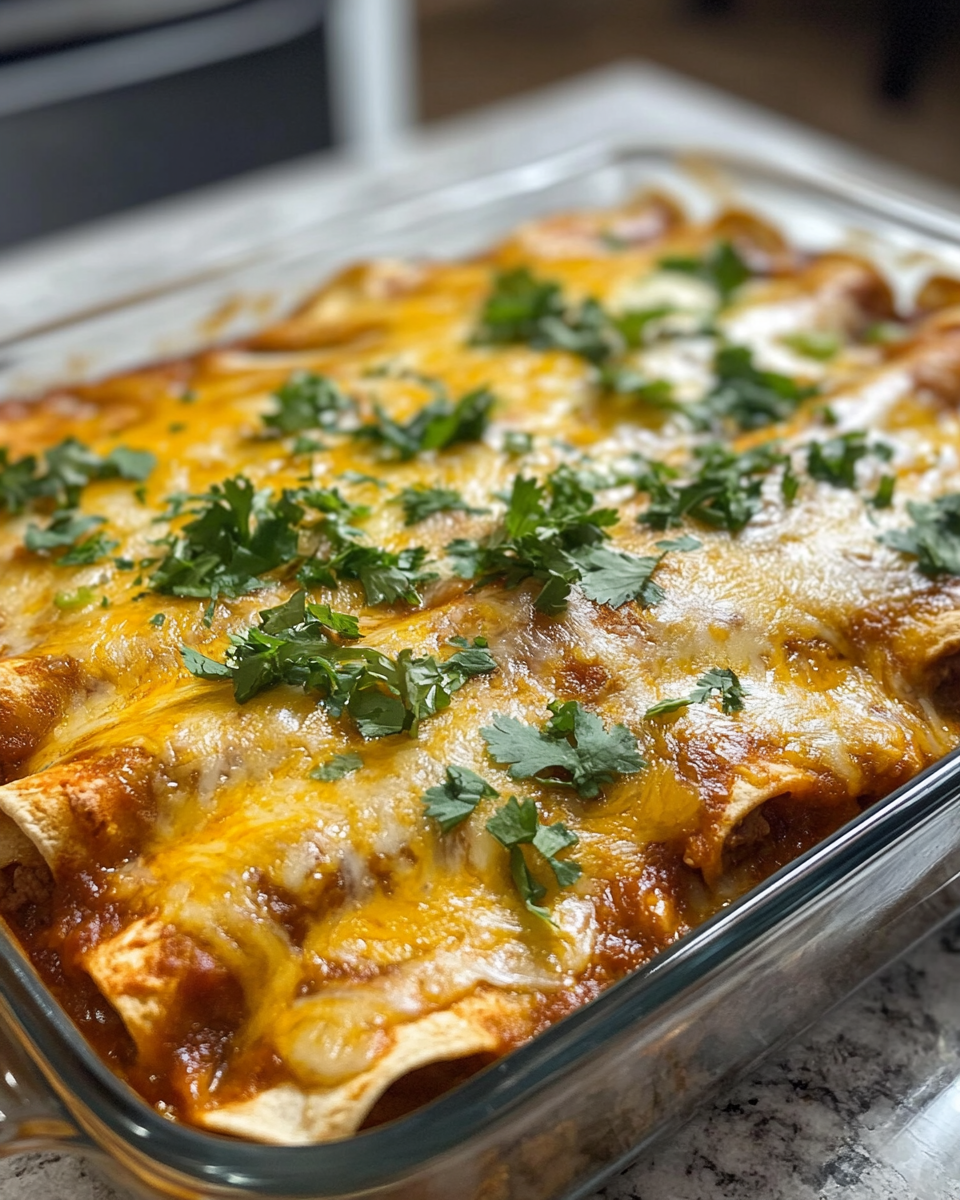Ingredients for beef enchiladas layered in a casserole dish