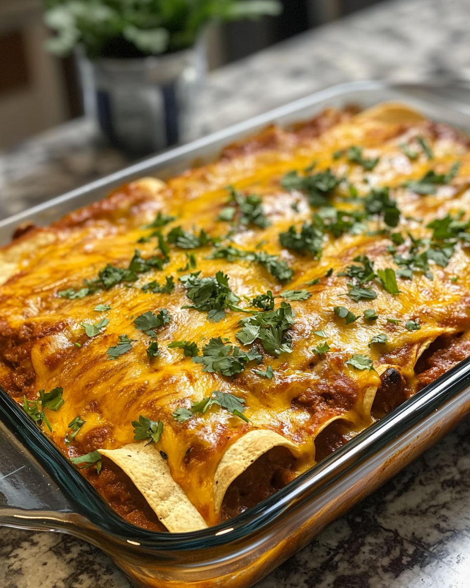 Golden bubbly cheese topping on finished beef enchilada casserole