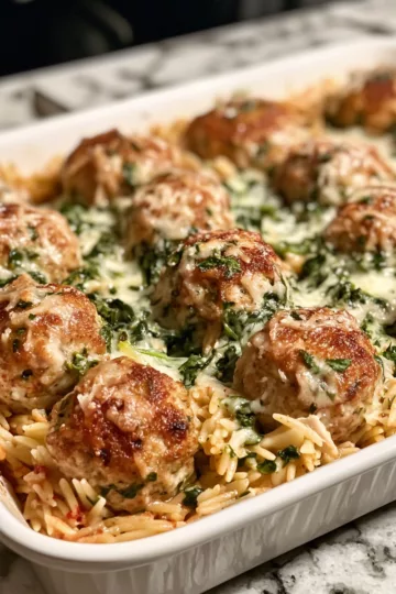 Baked Chicken Ricotta Meatballs with Creamy Spinach Orzo taken with iphone 15 pro max --iw 2 --ar 4:5 --v 6.1 --raw