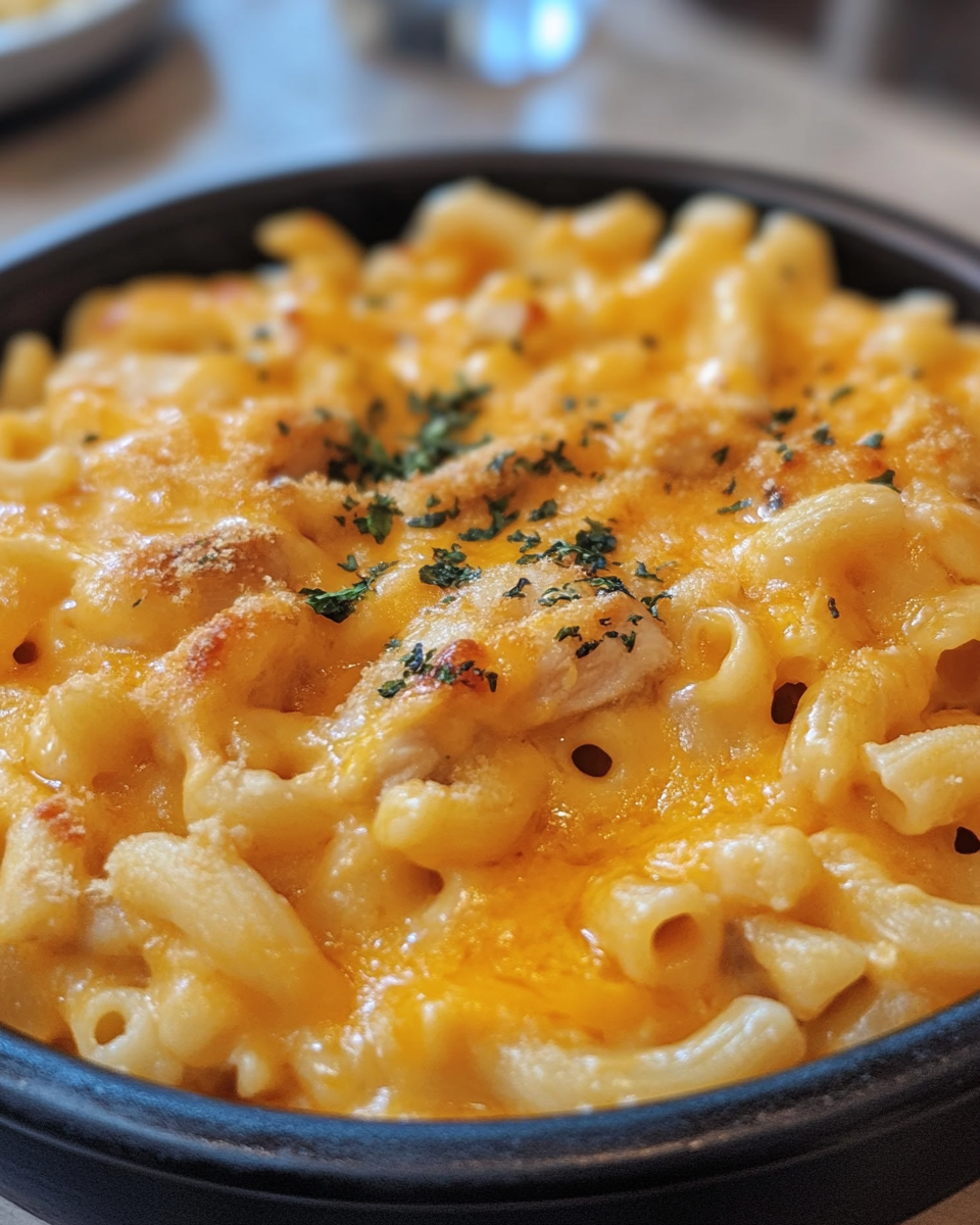 Cheese sauce bubbling in pot with creamy pasta and BBQ chicken pieces
