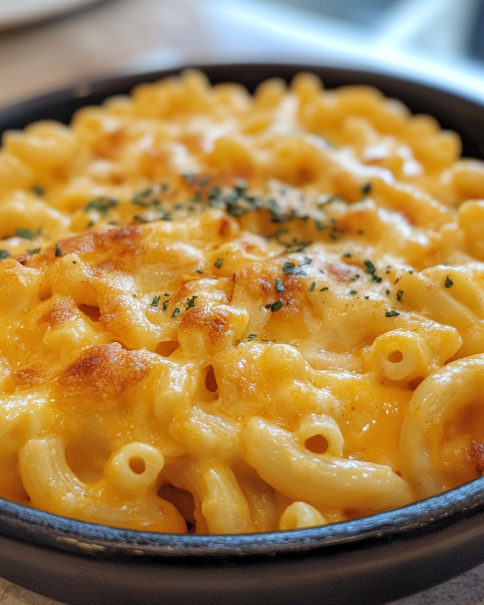 Freshly cooked BBQ chicken mac and cheese with cheesy pasta and tender chicken pieces