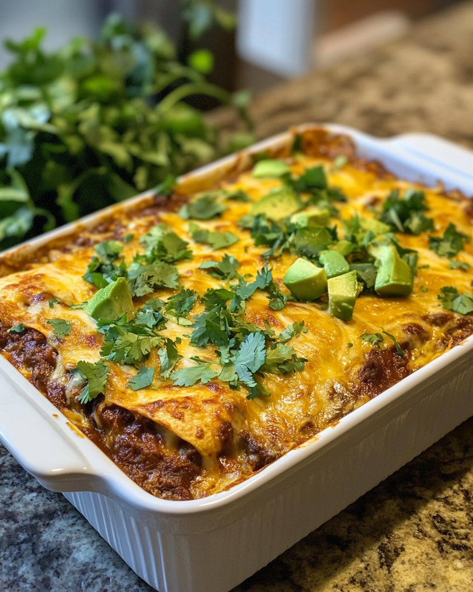 Layering ingredients for beef enchilada casserole in baking dish