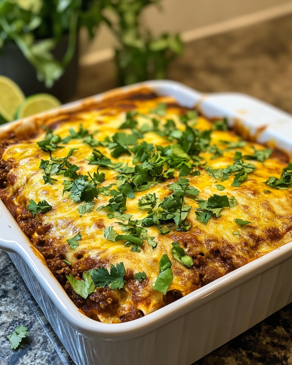 Served beef enchilada casserole topped with sour cream, cilantro, and sliced jalapenos
