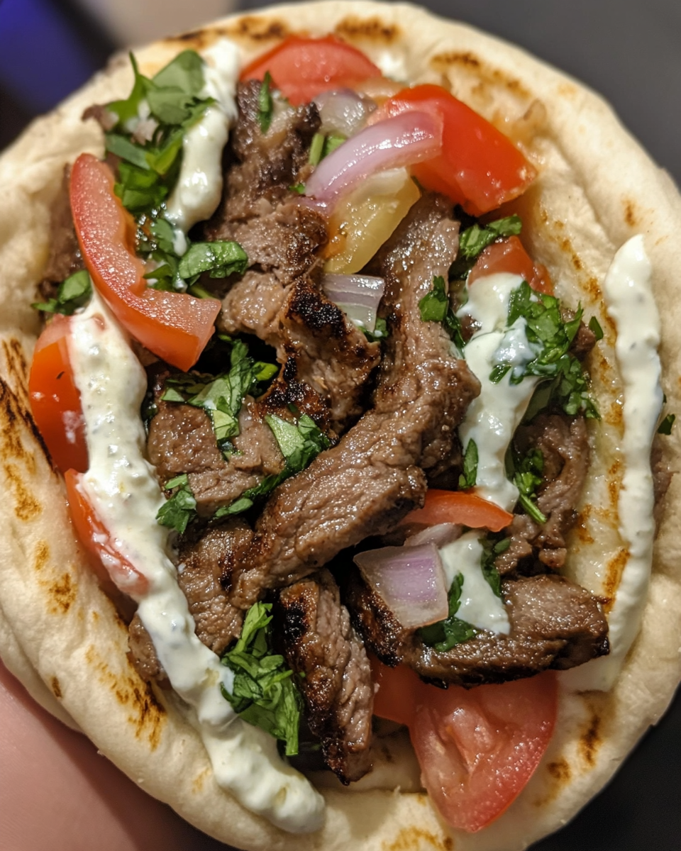 Close-up of savory beef gyros cooking in pressure cooker, releasing aromatic steam
