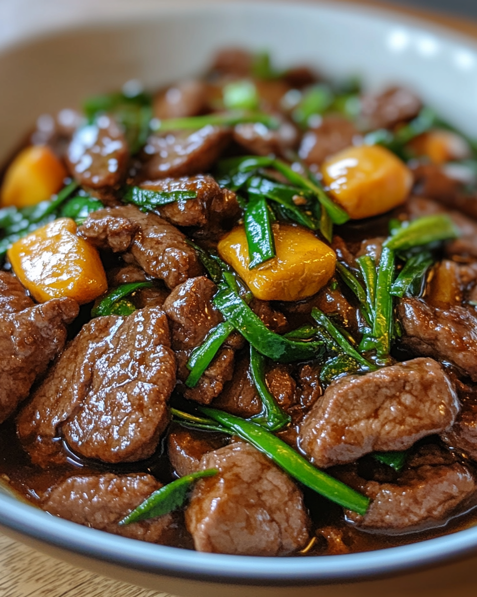 Stir-frying aromatic garlic and onions for pressure cooked beef with vegetables