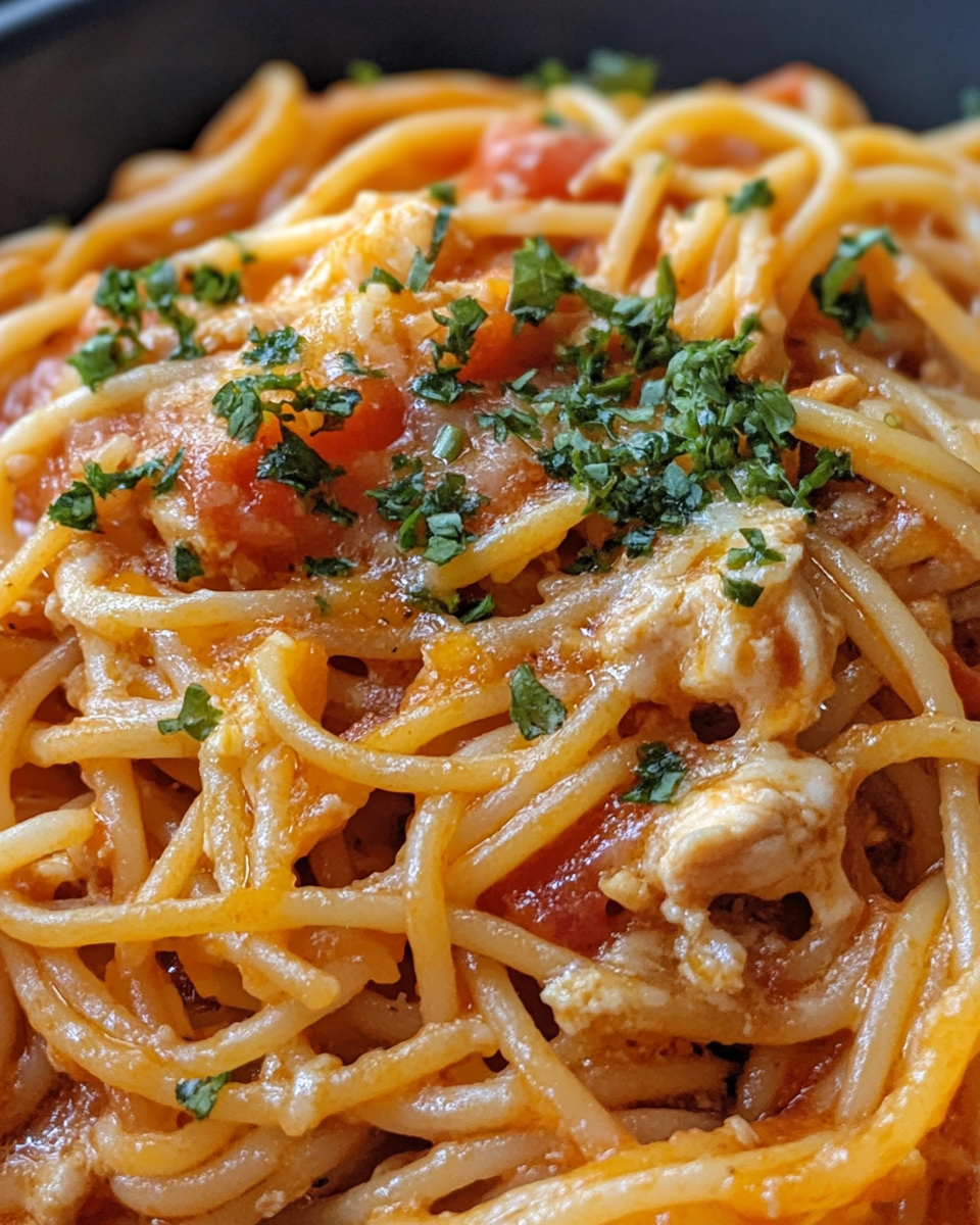 Prepared ingredients for chicken spaghetti including shredded chicken, cheese, and veggies