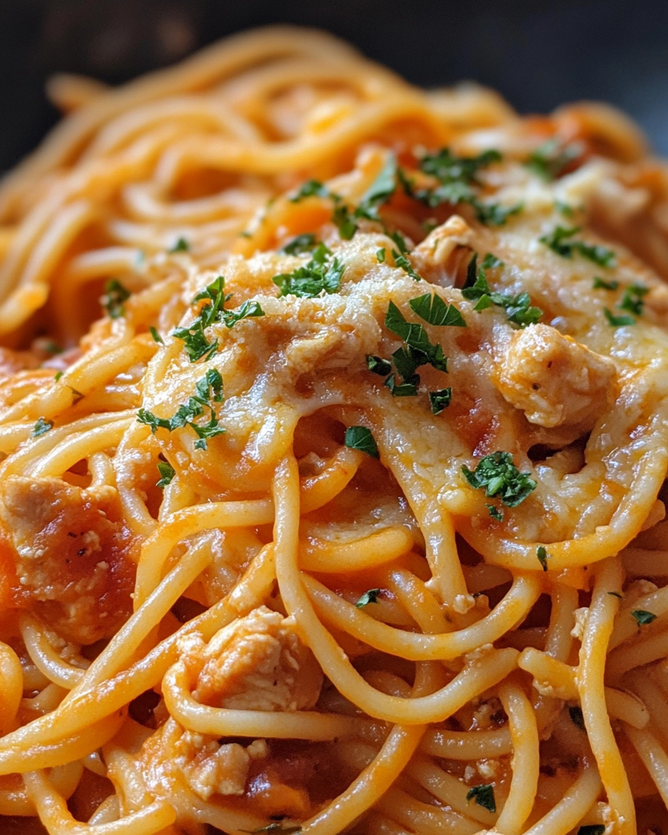 Baked chicken spaghetti fresh out of the oven, bubbly and golden on top