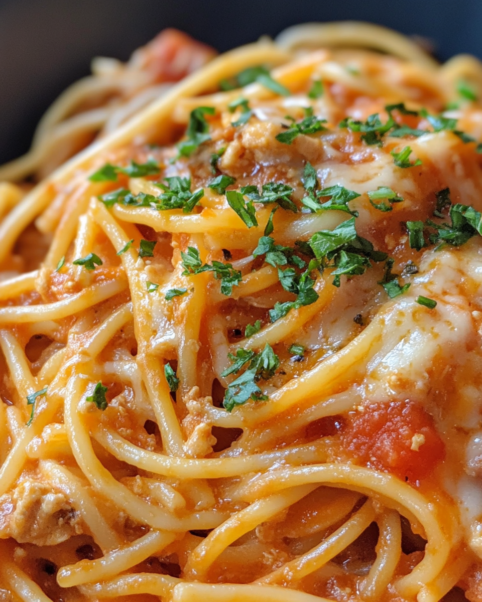 Cheesy chicken spaghetti fresh from the pressure cooker with creamy sauce