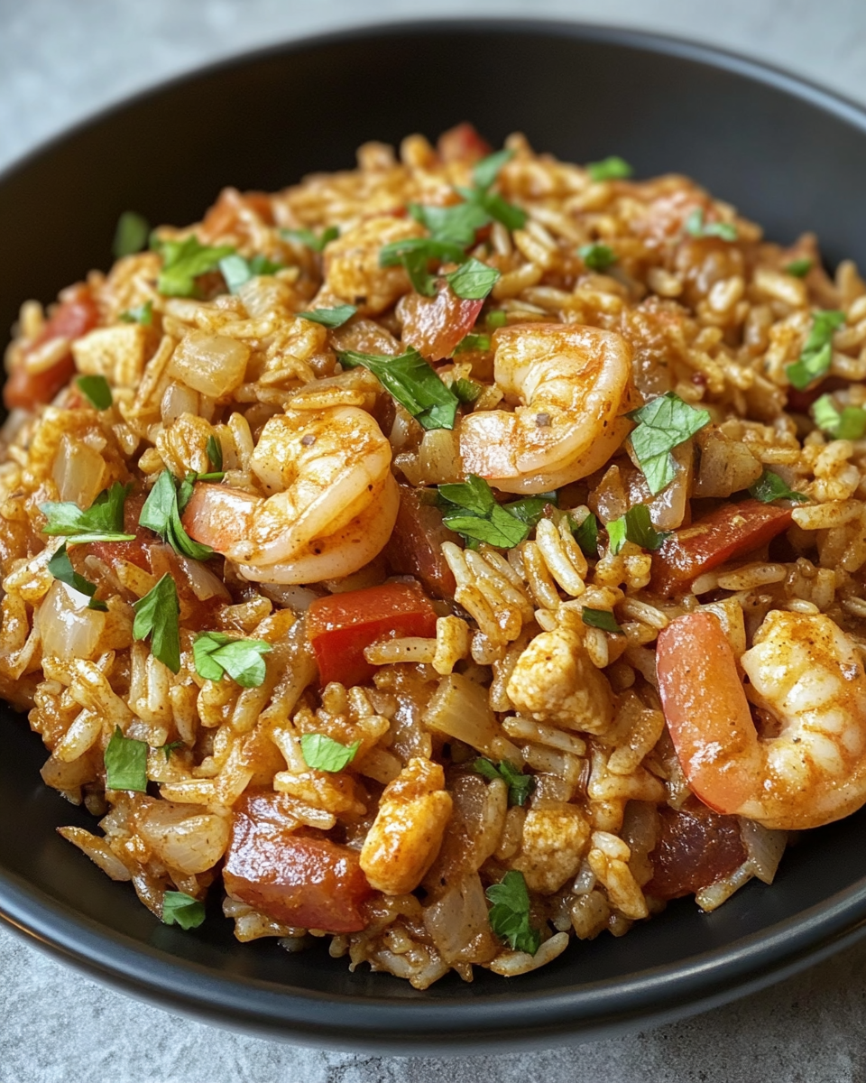 Finished Cajun pastalaya served on a dinner plate garnished with green onions