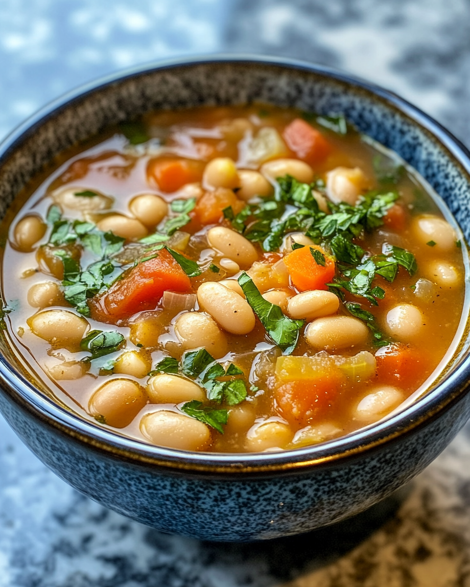 Ingredients for cannellini bean soup including cherry tomatoes, beans, and fresh herbs