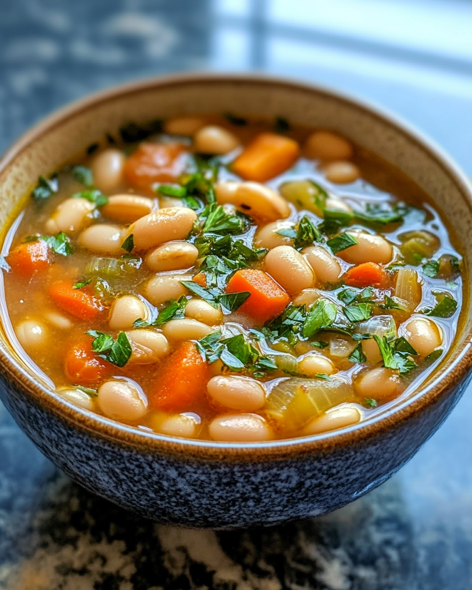 Bowl of finished cannellini bean soup garnished with fresh parsley