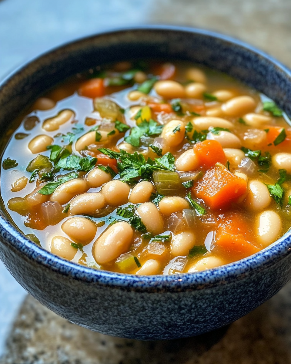 Close-up of simmering cannellini bean soup with steam rising