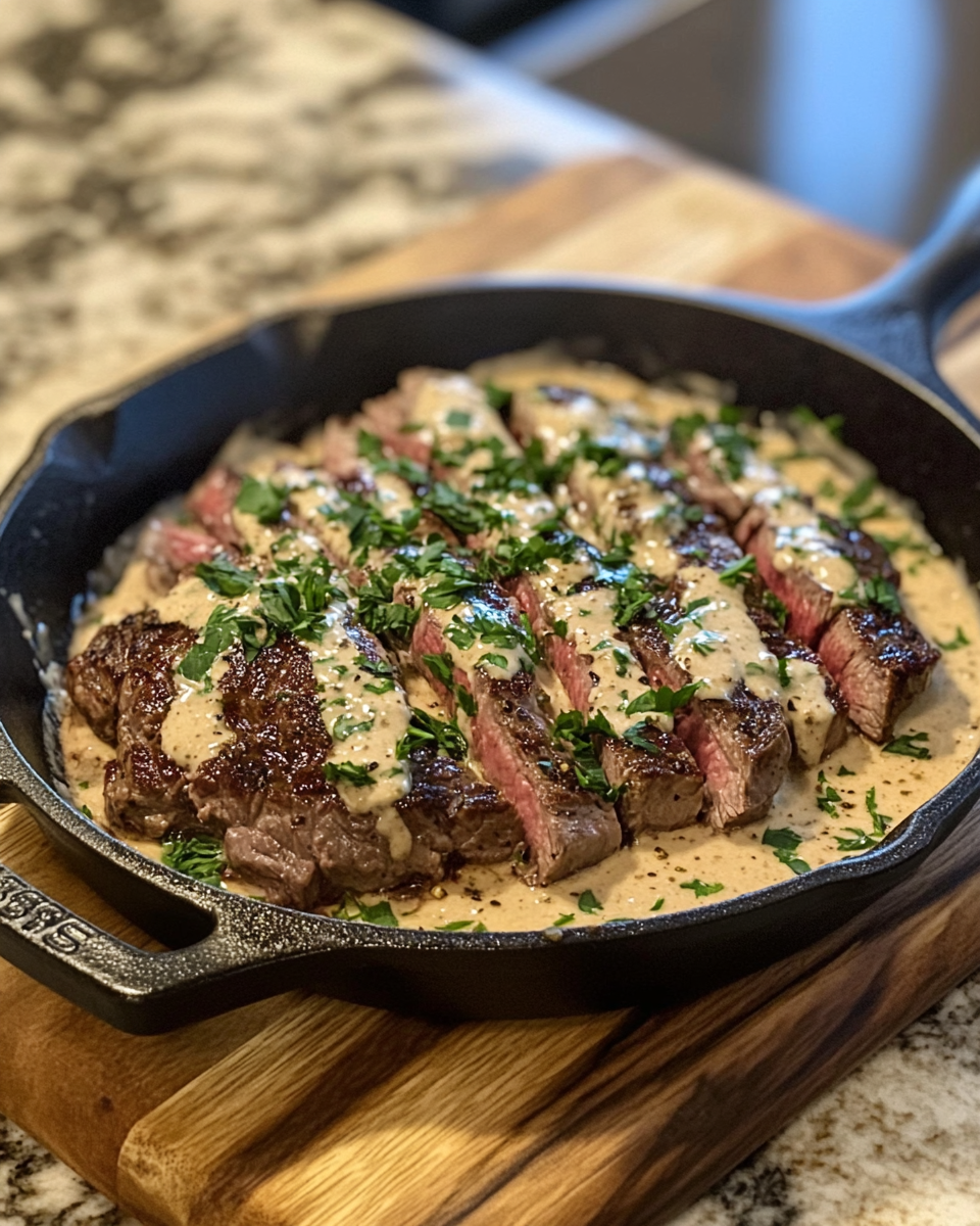 Sliced bavette steak served topped with whiskey garlic cream sauce in skillet