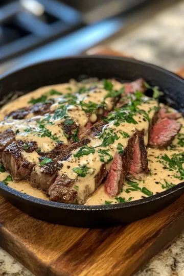 cast iron bavette steak with whiskey garlic cream sauce taken with iphone 15 pro max --iw 2 --ar 4:5 --v 6.1 --raw