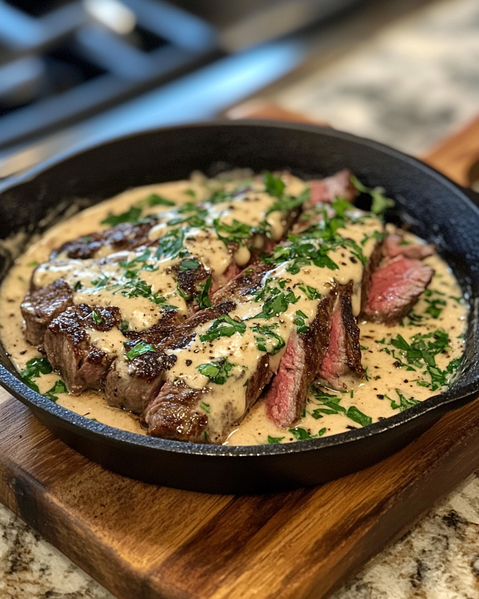 Searing bavette steak in a cast iron skillet as pressure builds