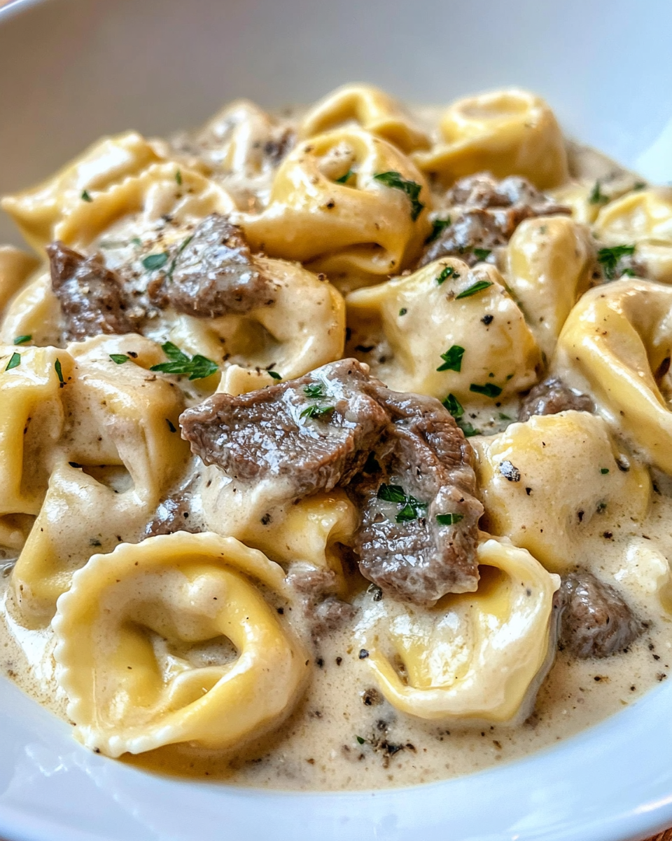 Cheesesteak tortellini cooking in creamy provolone cheese sauce