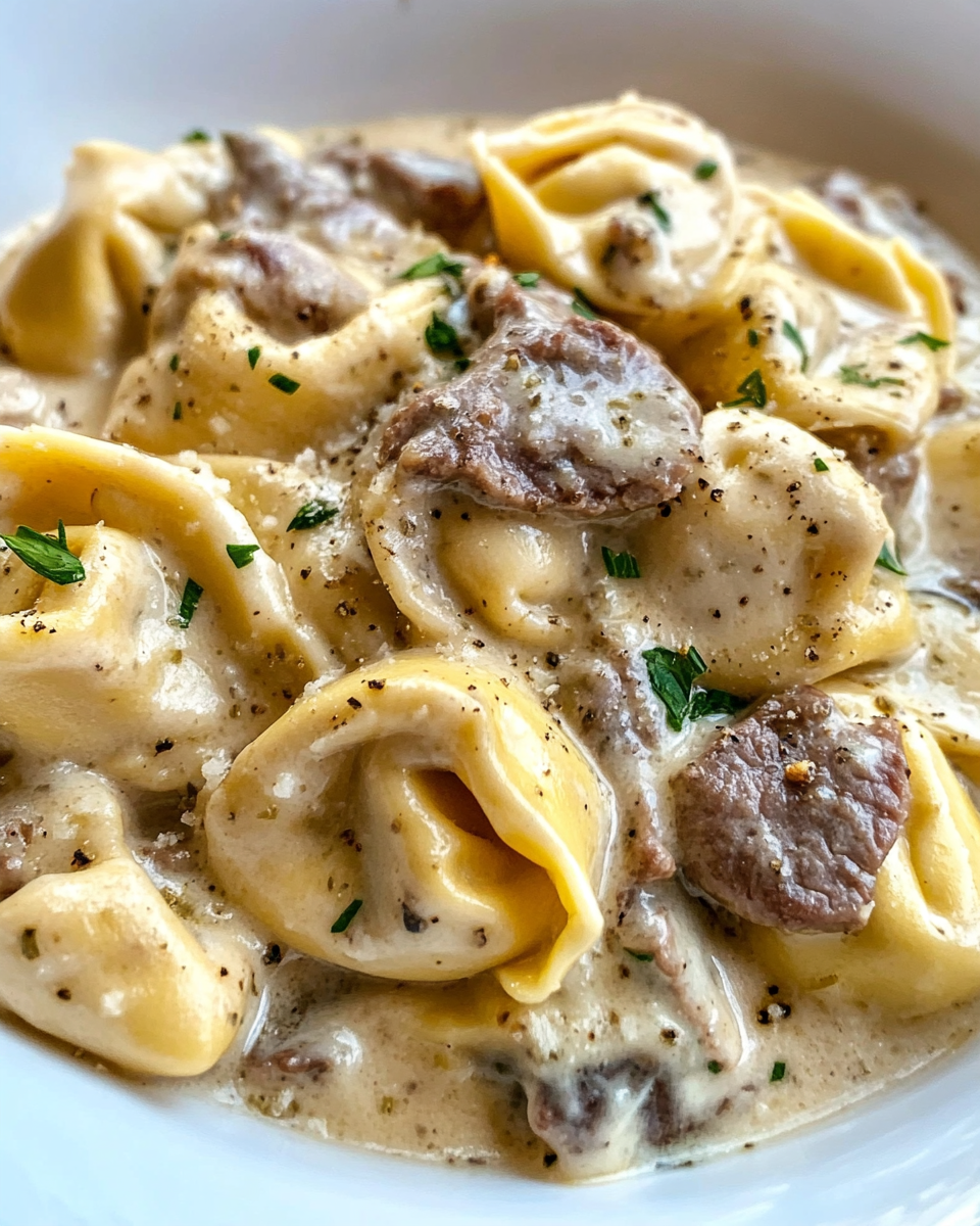Close-up of cheesesteak tortellini in creamy provolone sauce fresh out of pressure cooker
