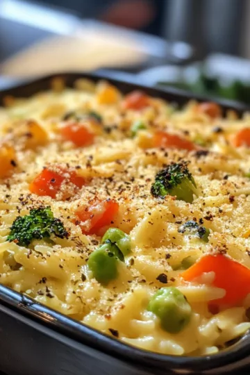 Cheesy Baked Orzo with Vegetables taken with iphone 15 pro max --iw 2 --ar 4:5 --v 6.1 --raw
