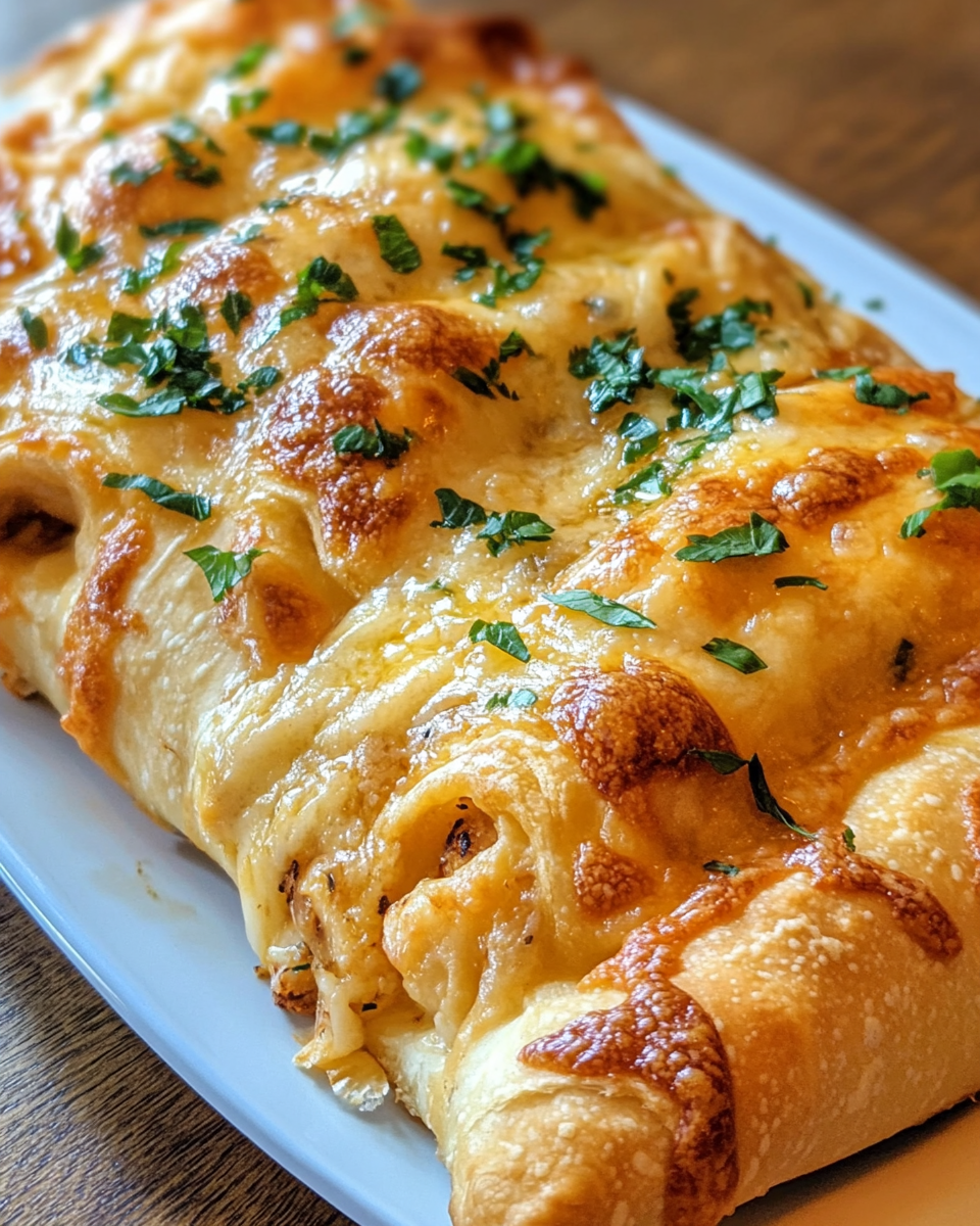 Golden bubbly finished cheesy chicken crescent rolls ready to be served