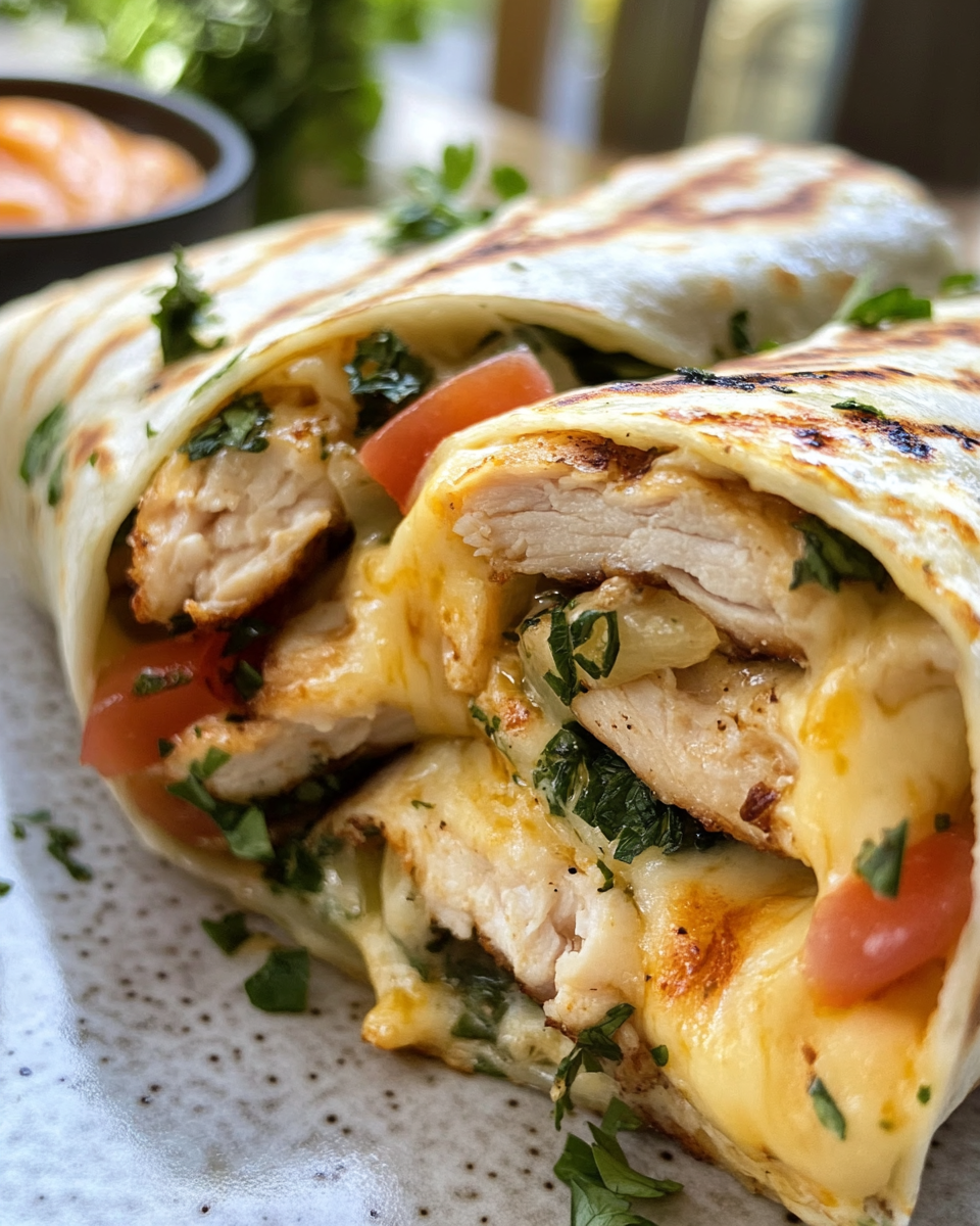 Golden baked crispy cheesy garlic chicken wraps on parchment lined baking sheet