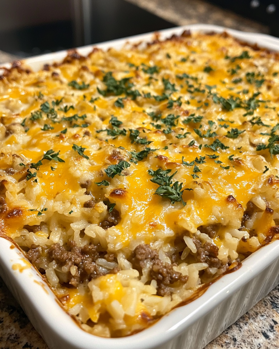 Ingredients for cheesy ground beef and rice casserole including beef, rice, broth, and seasonings