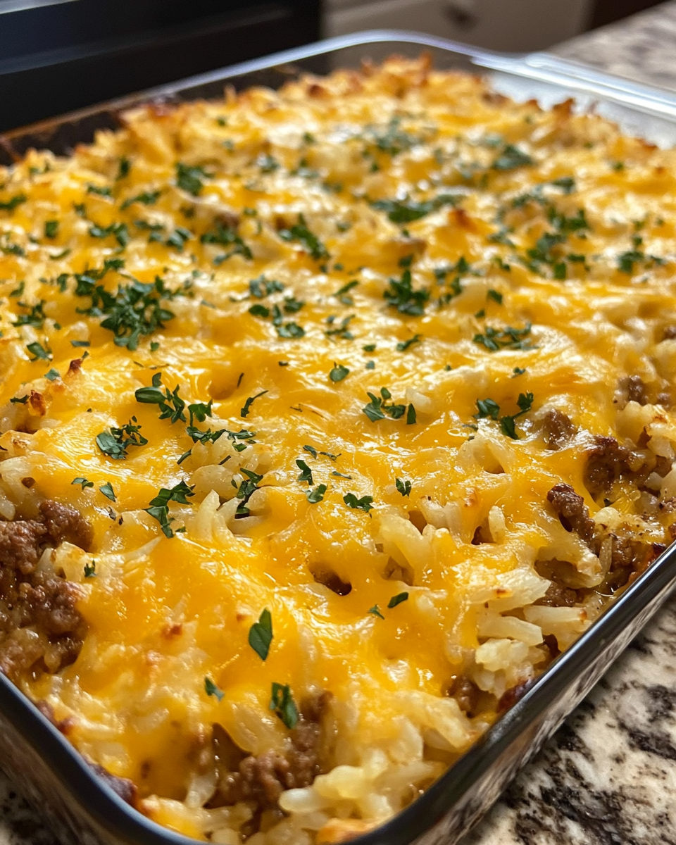 Cheesy ground beef and rice casserole fresh from oven ready to serve